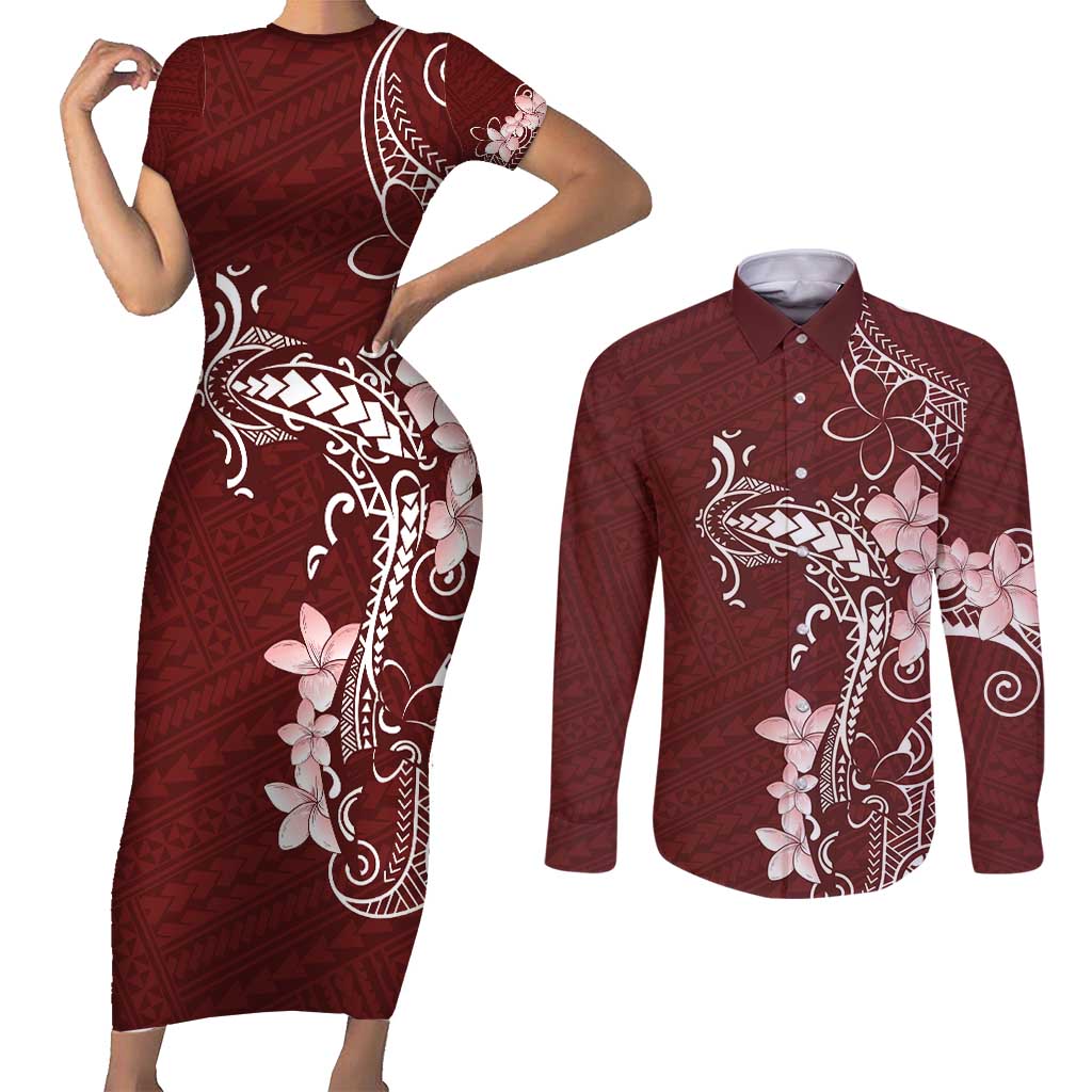 Oxblood Hawaii Couples Matching Short Sleeve Bodycon Dress and Long Sleeve Button Shirt Hammerhead Shark Tattoo Curve Polynesian LT14 Oxblood - Polynesian Pride