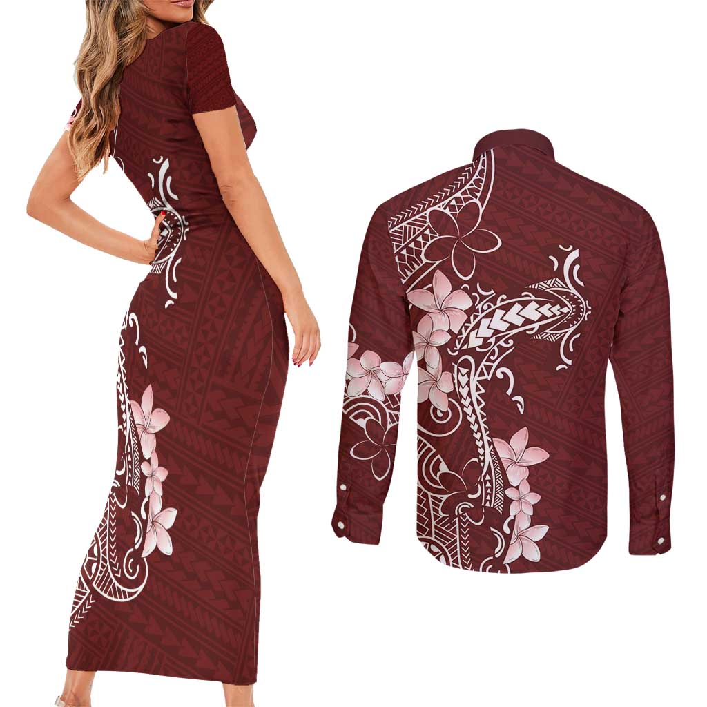 Oxblood Hawaii Couples Matching Short Sleeve Bodycon Dress and Long Sleeve Button Shirt Hammerhead Shark Tattoo Curve Polynesian LT14 - Polynesian Pride
