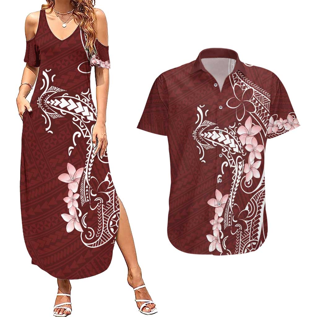 Oxblood Hawaii Couples Matching Summer Maxi Dress and Hawaiian Shirt Hammerhead Shark Tattoo Curve Polynesian LT14 Oxblood - Polynesian Pride