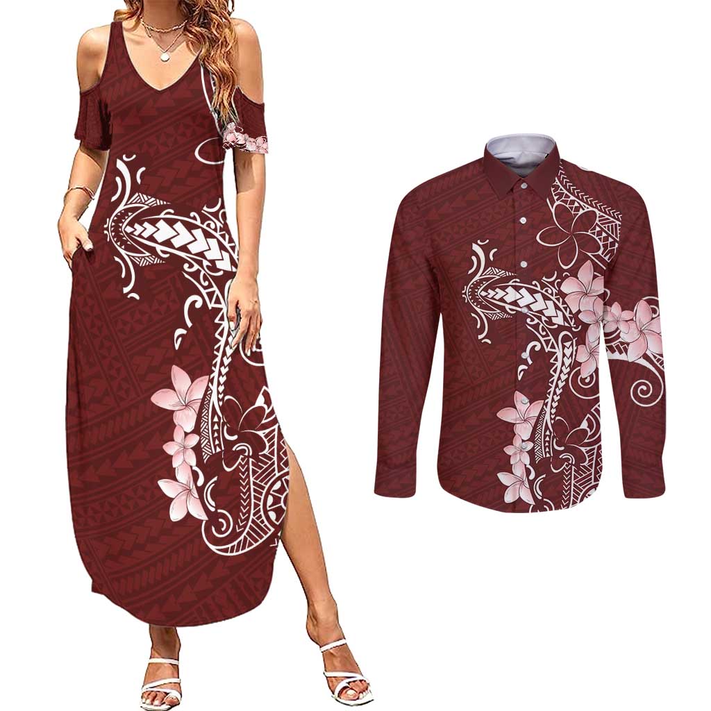 Oxblood Hawaii Couples Matching Summer Maxi Dress and Long Sleeve Button Shirt Hammerhead Shark Tattoo Curve Polynesian LT14 Oxblood - Polynesian Pride