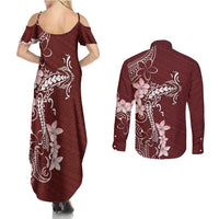 Oxblood Hawaii Couples Matching Summer Maxi Dress and Long Sleeve Button Shirt Hammerhead Shark Tattoo Curve Polynesian LT14 - Polynesian Pride