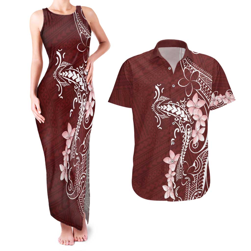 Oxblood Hawaii Couples Matching Tank Maxi Dress and Hawaiian Shirt Hammerhead Shark Tattoo Curve Polynesian LT14 Oxblood - Polynesian Pride