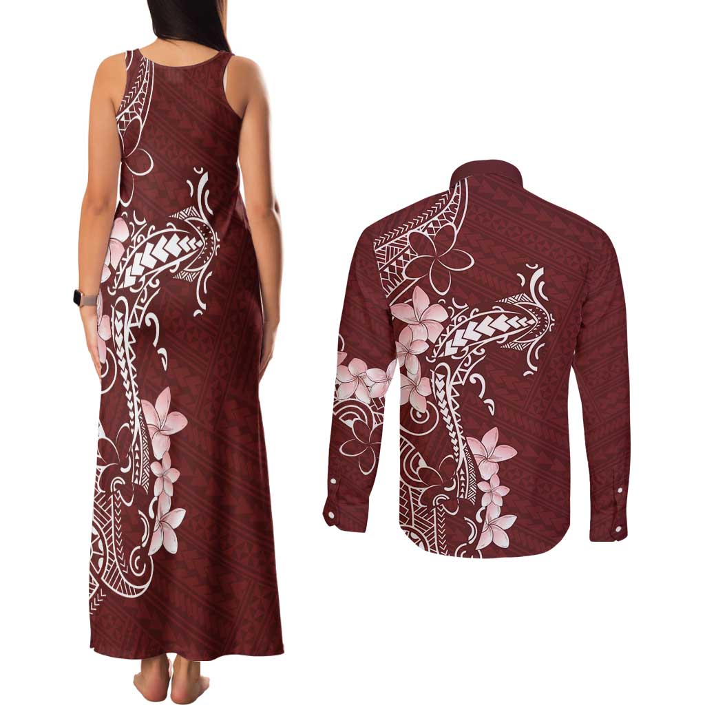 Oxblood Hawaii Couples Matching Tank Maxi Dress and Long Sleeve Button Shirt Hammerhead Shark Tattoo Curve Polynesian LT14 - Polynesian Pride