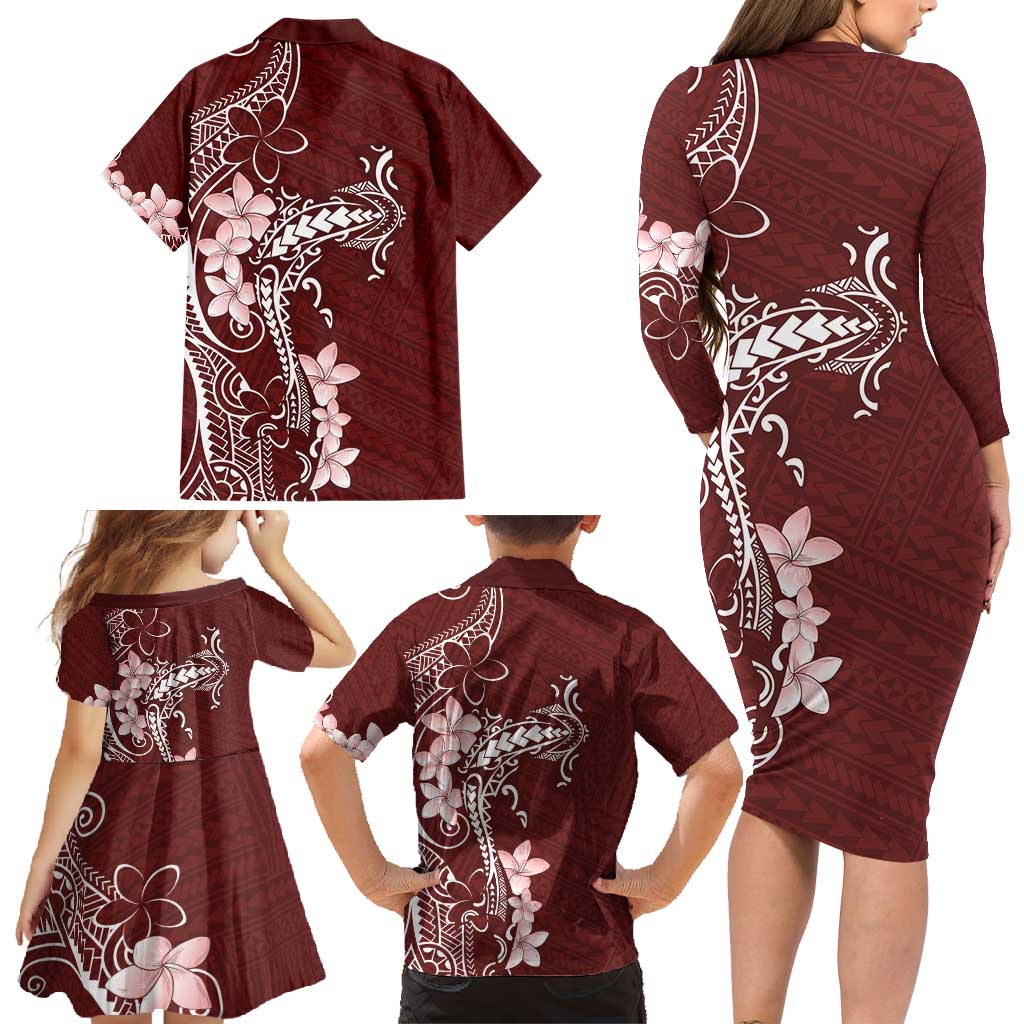 Oxblood Hawaii Family Matching Long Sleeve Bodycon Dress and Hawaiian Shirt Hammerhead Shark Tattoo Curve Polynesian LT14 - Polynesian Pride