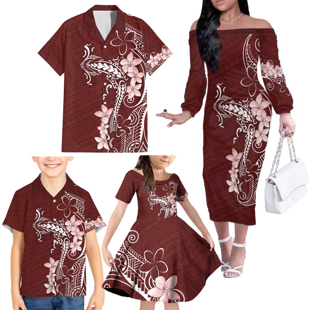 Oxblood Hawaii Family Matching Off The Shoulder Long Sleeve Dress and Hawaiian Shirt Hammerhead Shark Tattoo Curve Polynesian LT14 - Polynesian Pride