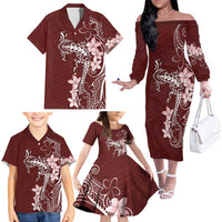 Oxblood Hawaii Family Matching Off The Shoulder Long Sleeve Dress and Hawaiian Shirt Hammerhead Shark Tattoo Curve Polynesian LT14 - Polynesian Pride