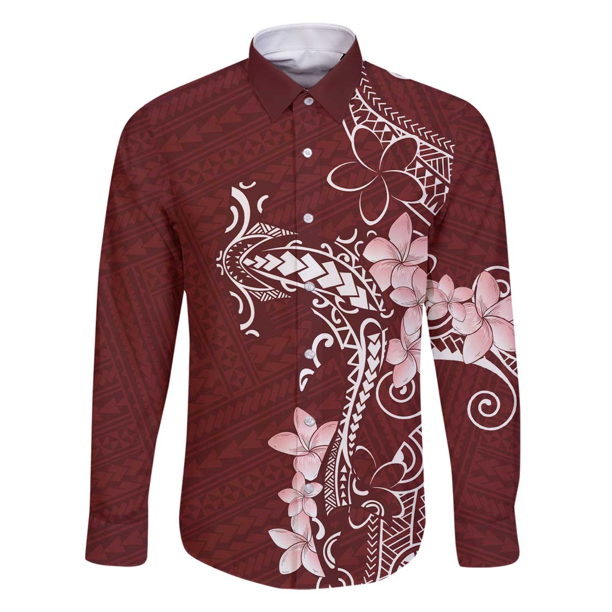 Oxblood Hawaii Family Matching Off The Shoulder Long Sleeve Dress and Hawaiian Shirt Hammerhead Shark Tattoo Curve Polynesian LT14 Dad's Shirt - Long Sleeve Oxblood - Polynesian Pride