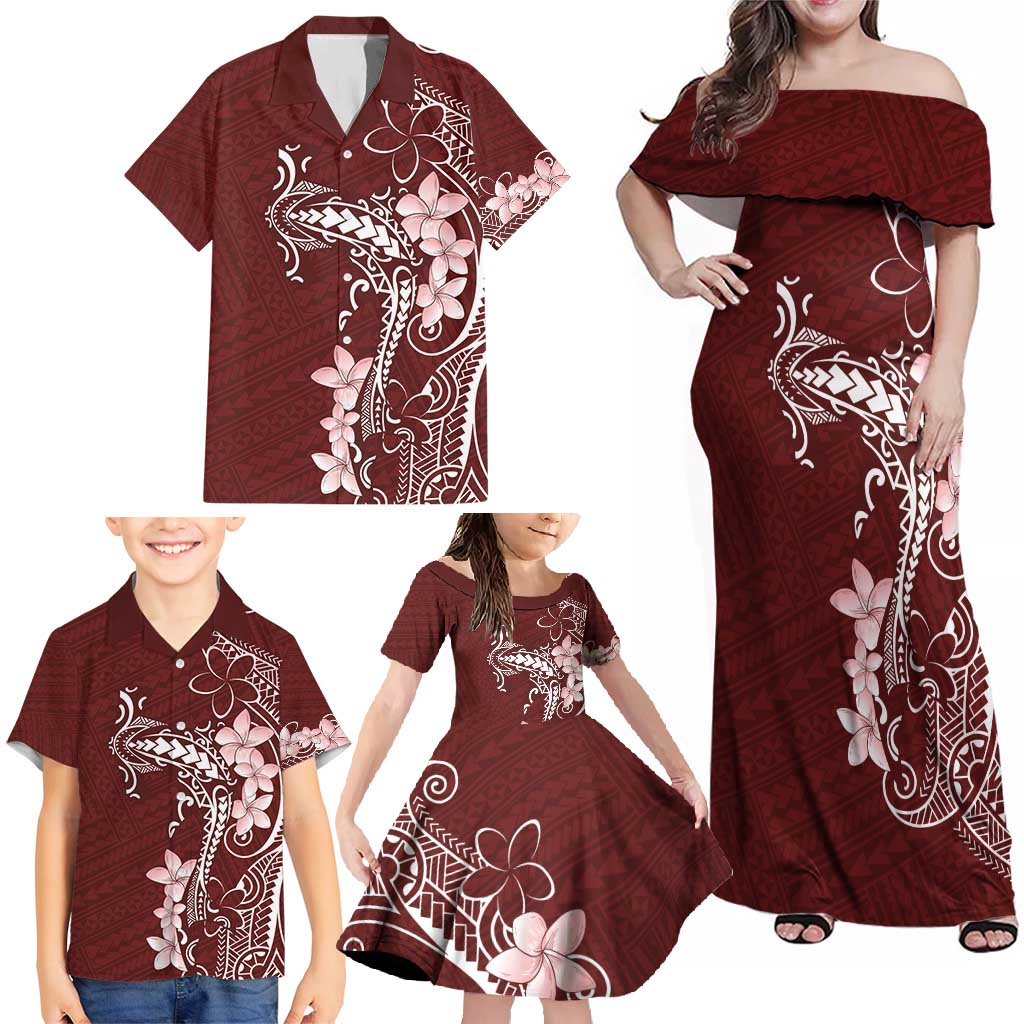 Oxblood Hawaii Family Matching Off Shoulder Maxi Dress and Hawaiian Shirt Hammerhead Shark Tattoo Curve Polynesian LT14 - Polynesian Pride