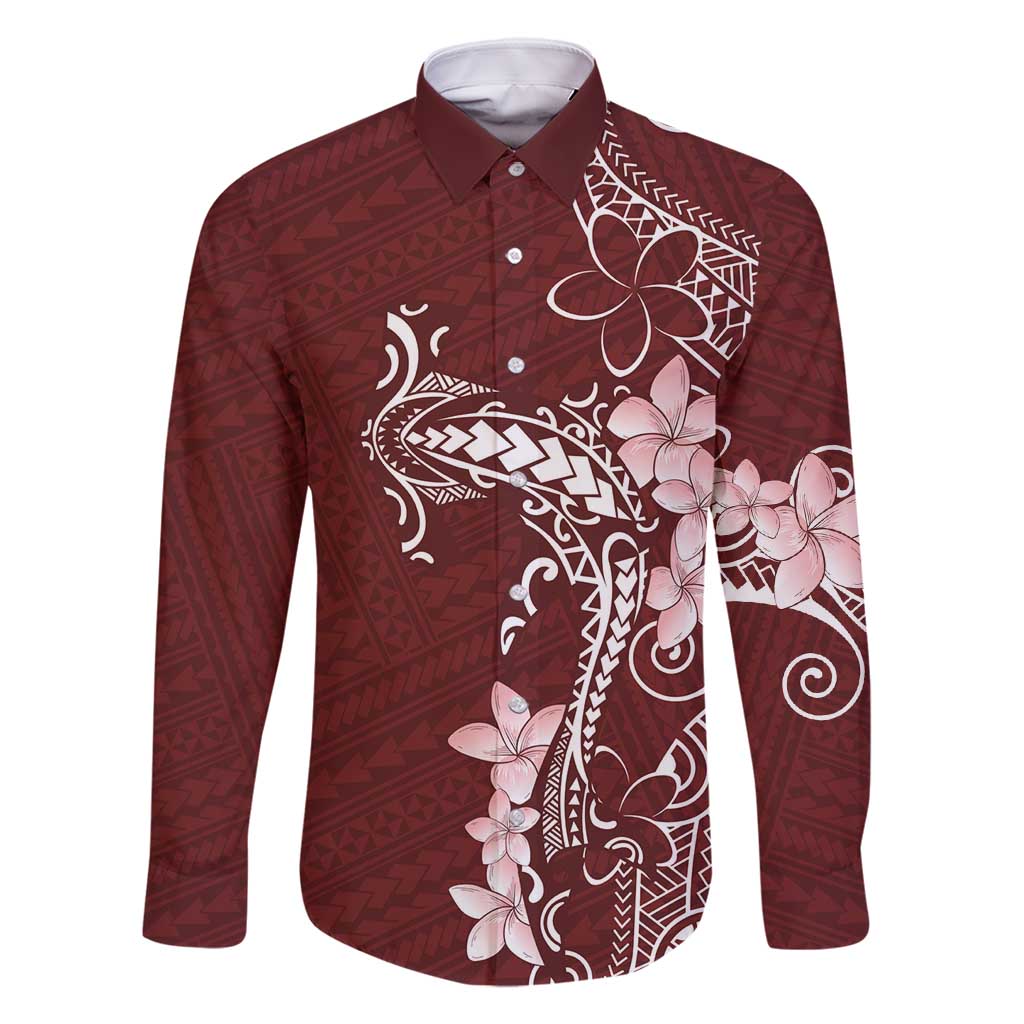 Oxblood Hawaii Family Matching Off Shoulder Short Dress and Hawaiian Shirt Hammerhead Shark Tattoo Curve Polynesian LT14 Dad's Shirt - Long Sleeve Oxblood - Polynesian Pride