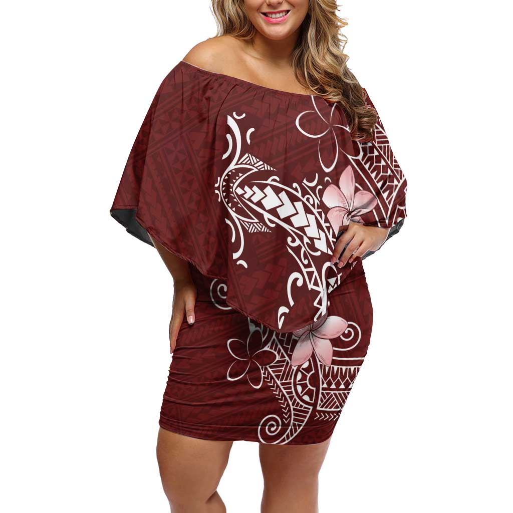 Oxblood Hawaii Family Matching Off Shoulder Short Dress and Hawaiian Shirt Hammerhead Shark Tattoo Curve Polynesian LT14 Mom's Dress Oxblood - Polynesian Pride