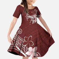 Oxblood Hawaii Family Matching Puletasi and Hawaiian Shirt Hammerhead Shark Tattoo Curve Polynesian LT14 Daughter's Dress Oxblood - Polynesian Pride