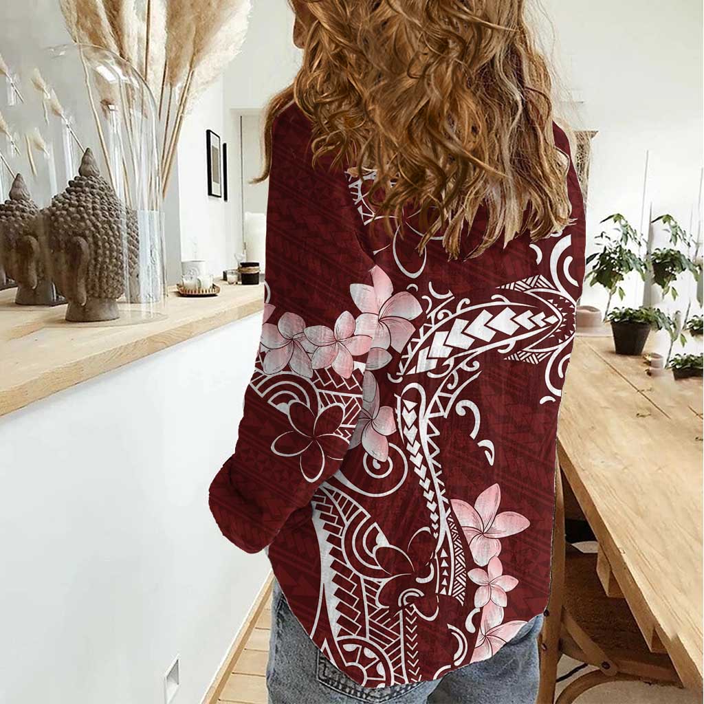 Oxblood Hawaii Women Casual Shirt Hammerhead Shark Tattoo Curve Polynesian - Polynesian Pride