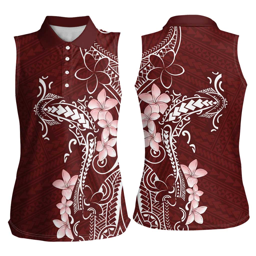 Oxblood Hawaii Women Sleeveless Polo Shirt Hammerhead Shark Tattoo Curve Polynesian LT14 - Polynesian Pride