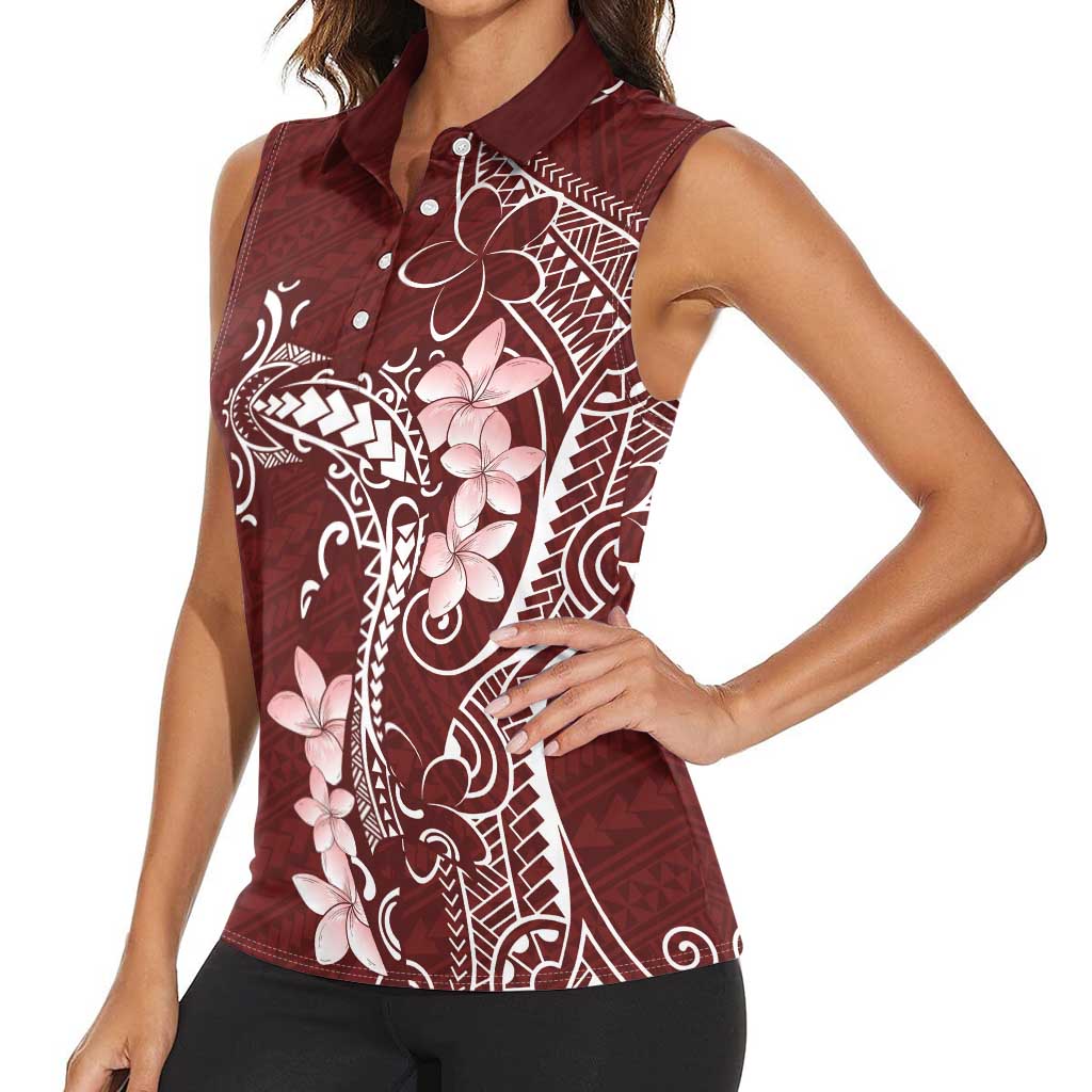 Oxblood Hawaii Women Sleeveless Polo Shirt Hammerhead Shark Tattoo Curve Polynesian LT14 - Polynesian Pride