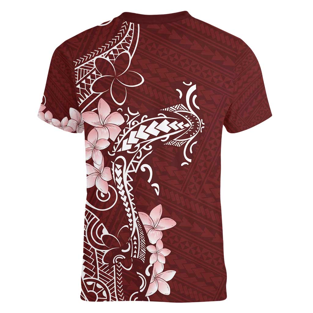 Oxblood Hawaii Women V-Neck T-Shirt Hammerhead Shark Tattoo Curve Polynesian LT14 - Polynesian Pride