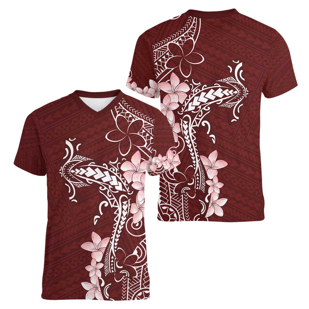 Oxblood Hawaii Women V-Neck T-Shirt Hammerhead Shark Tattoo Curve Polynesian LT14 - Polynesian Pride