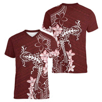 Oxblood Hawaii Women V-Neck T-Shirt Hammerhead Shark Tattoo Curve Polynesian LT14 - Polynesian Pride