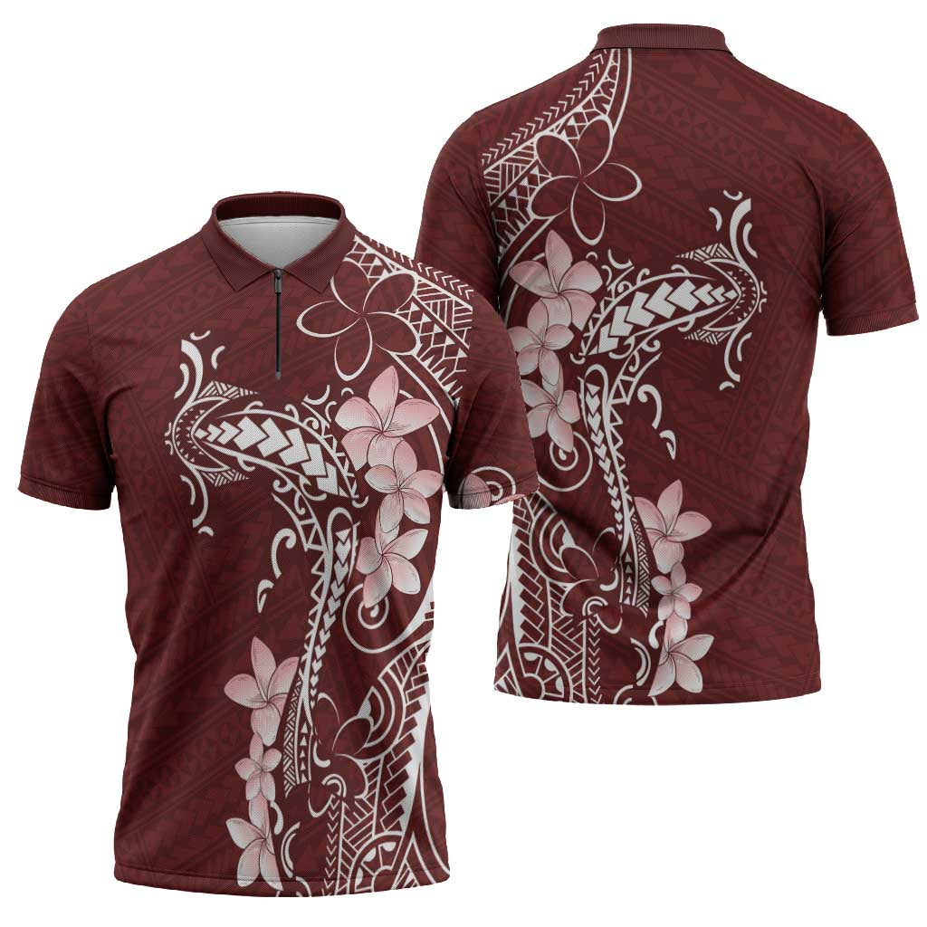 Oxblood Hawaii Zipper Polo Shirt Hammerhead Shark Tattoo Curve Polynesian LT14 - Polynesian Pride