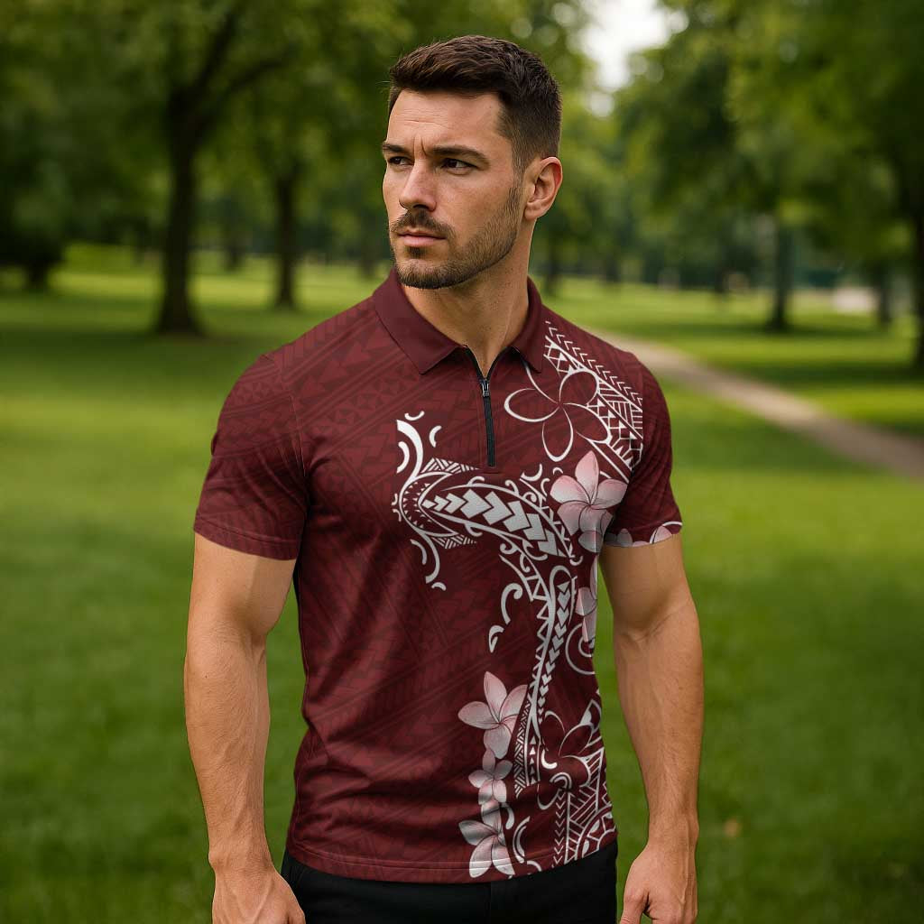Oxblood Hawaii Zipper Polo Shirt Hammerhead Shark Tattoo Curve Polynesian LT14 - Polynesian Pride