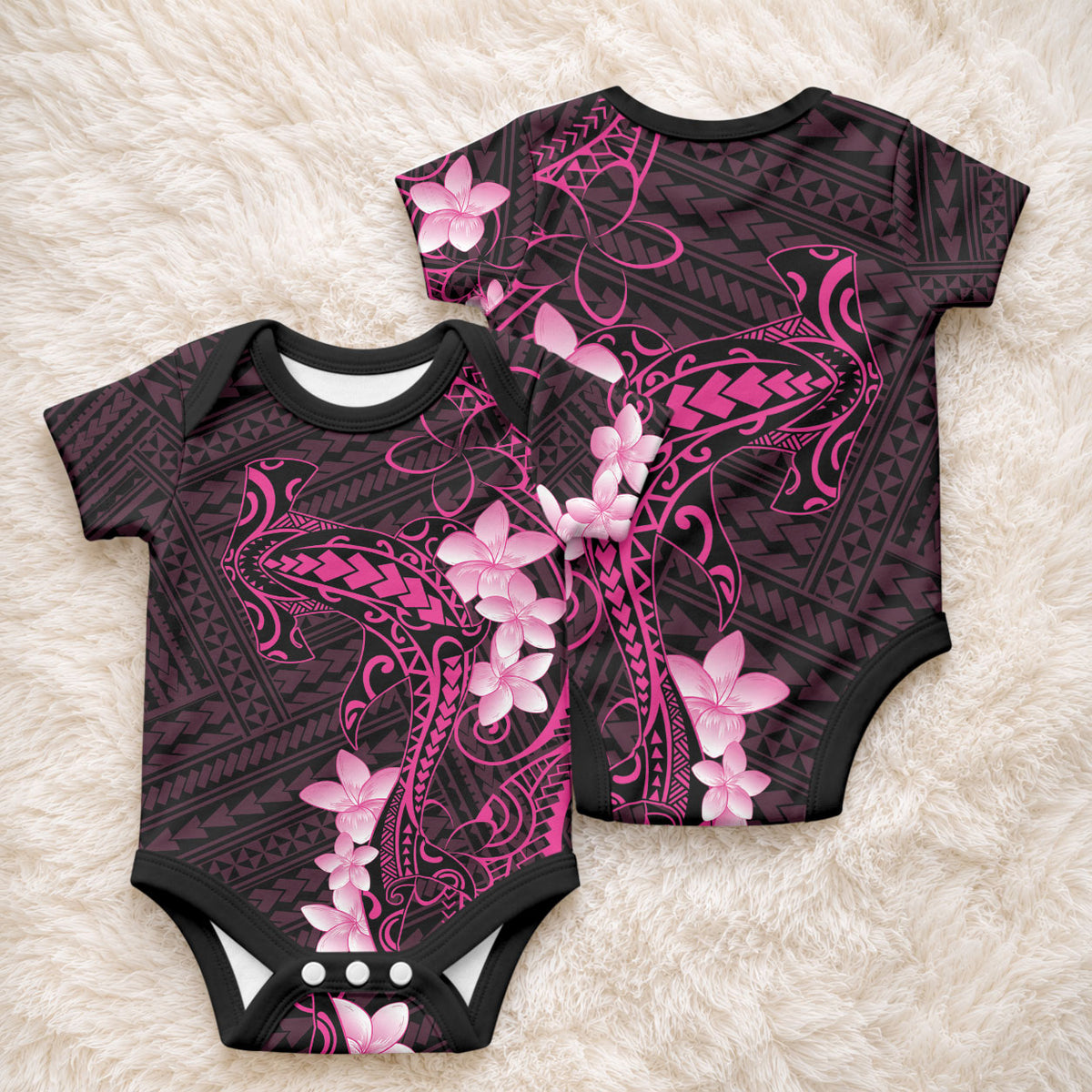 Pink Hawaii Baby Onesie Hammerhead Shark Tattoo Curve Polynesian