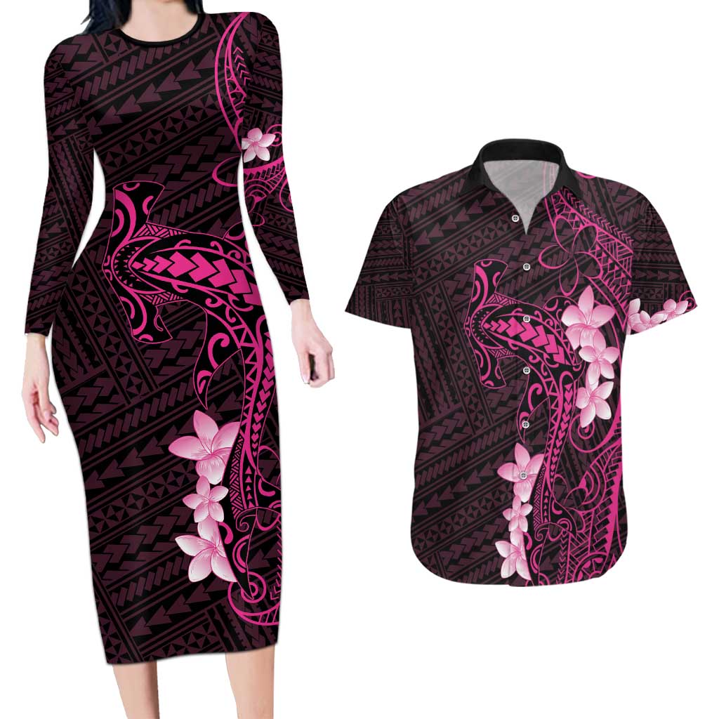 Pink Hawaii Couples Matching Long Sleeve Bodycon Dress and Hawaiian Shirt Hammerhead Shark Tattoo Curve Polynesian LT14 Pink - Polynesian Pride