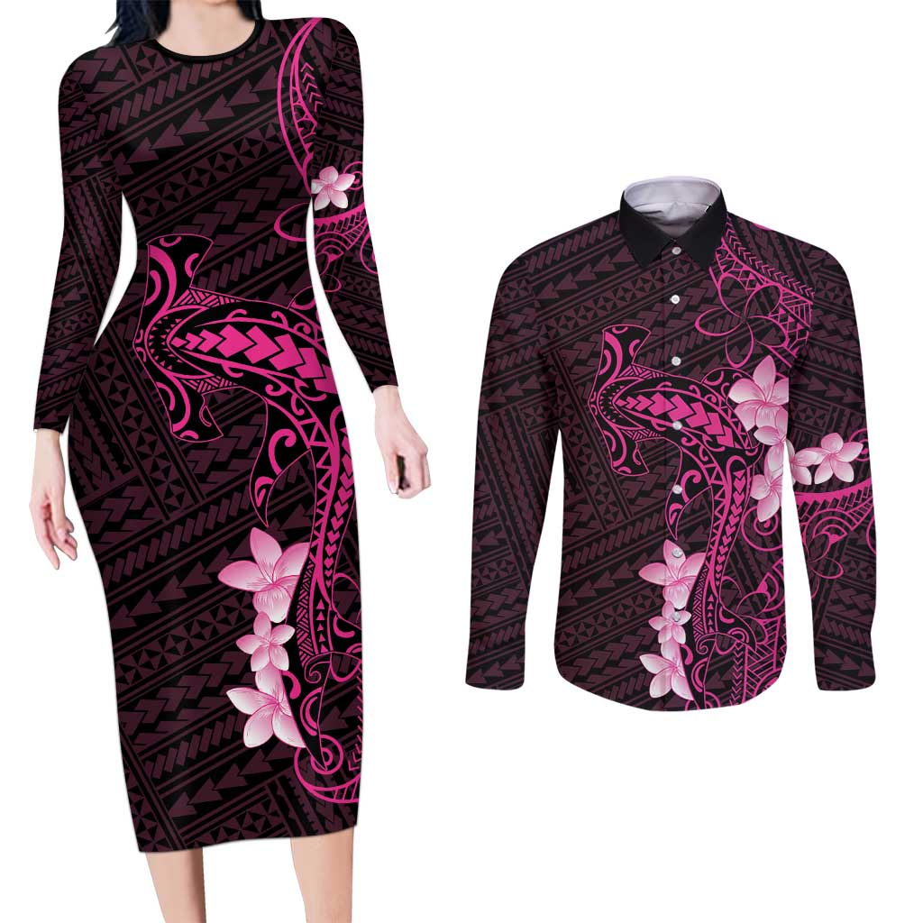 Pink Hawaii Couples Matching Long Sleeve Bodycon Dress and Long Sleeve Button Shirt Hammerhead Shark Tattoo Curve Polynesian LT14 Pink - Polynesian Pride