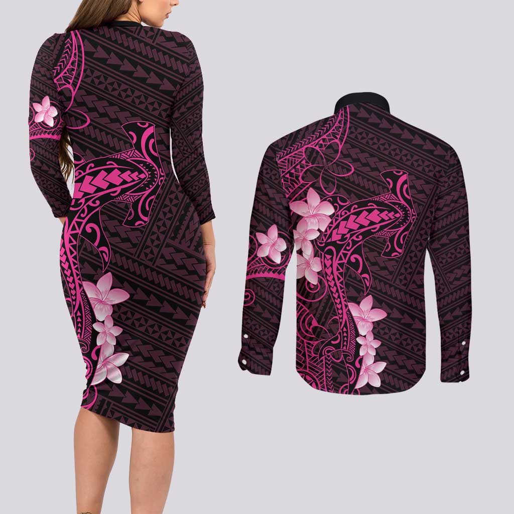 Pink Hawaii Couples Matching Long Sleeve Bodycon Dress and Long Sleeve Button Shirt Hammerhead Shark Tattoo Curve Polynesian LT14 - Polynesian Pride