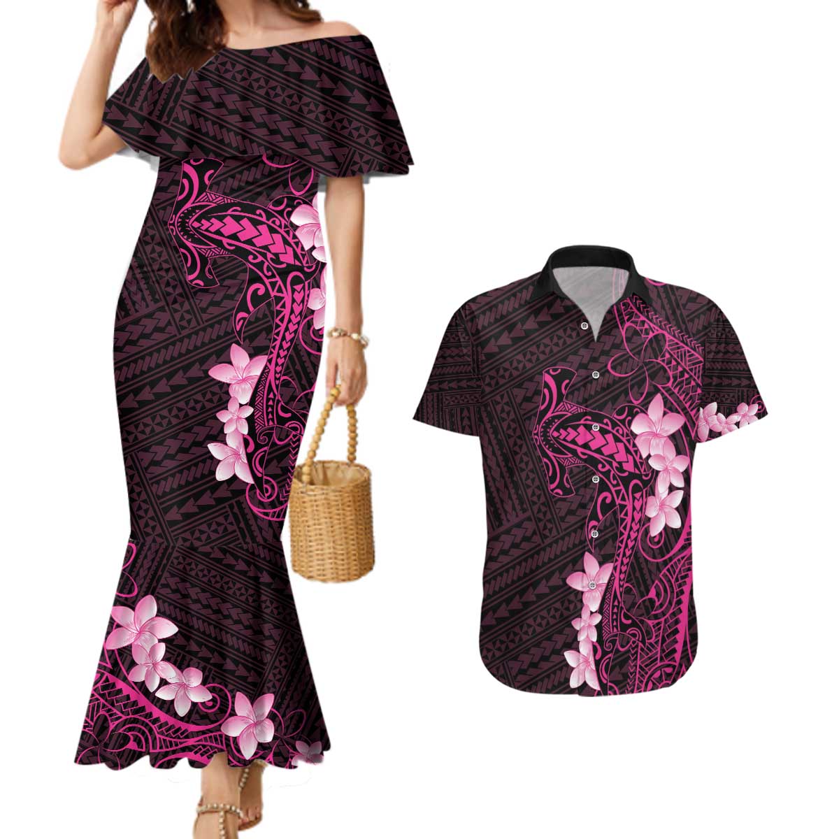 Pink Hawaii Couples Matching Mermaid Dress and Hawaiian Shirt Hammerhead Shark Tattoo Curve Polynesian - Polynesian Pride