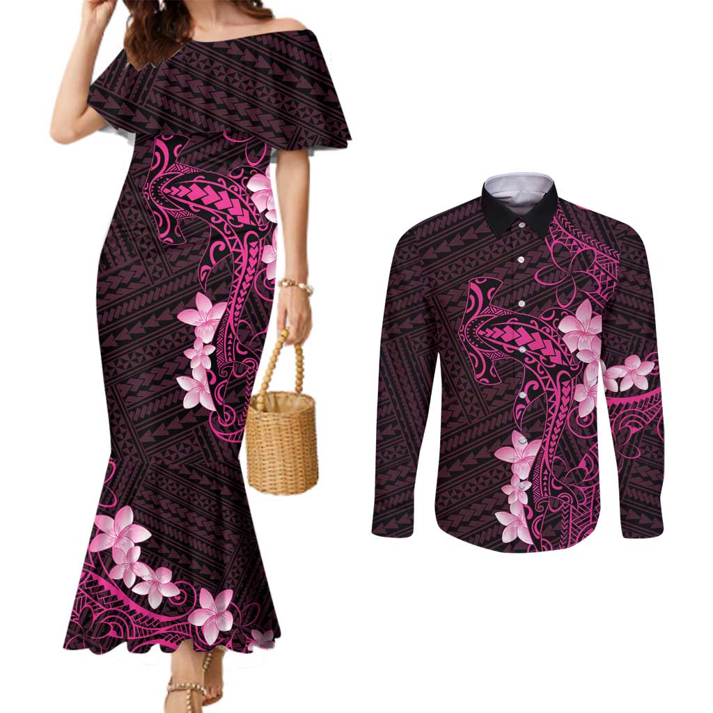 Pink Hawaii Couples Matching Mermaid Dress and Long Sleeve Button Shirt Hammerhead Shark Tattoo Curve Polynesian LT14 Pink - Polynesian Pride