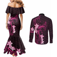Pink Hawaii Couples Matching Mermaid Dress and Long Sleeve Button Shirt Hammerhead Shark Tattoo Curve Polynesian LT14 - Polynesian Pride