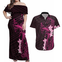 Pink Hawaii Couples Matching Off Shoulder Maxi Dress and Hawaiian Shirt Hammerhead Shark Tattoo Curve Polynesian LT14 Pink - Polynesian Pride