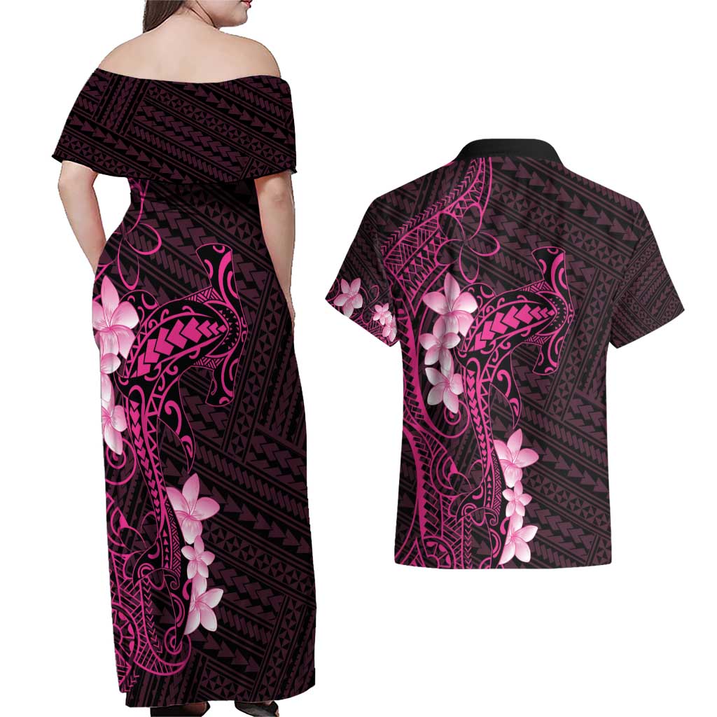 Pink Hawaii Couples Matching Off Shoulder Maxi Dress and Hawaiian Shirt Hammerhead Shark Tattoo Curve Polynesian LT14 - Polynesian Pride
