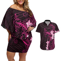 Pink Hawaii Couples Matching Off Shoulder Short Dress and Hawaiian Shirt Hammerhead Shark Tattoo Curve Polynesian LT14 Pink - Polynesian Pride