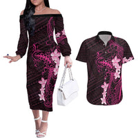 Pink Hawaii Couples Matching Off The Shoulder Long Sleeve Dress and Hawaiian Shirt Hammerhead Shark Tattoo Curve Polynesian LT14 Pink - Polynesian Pride