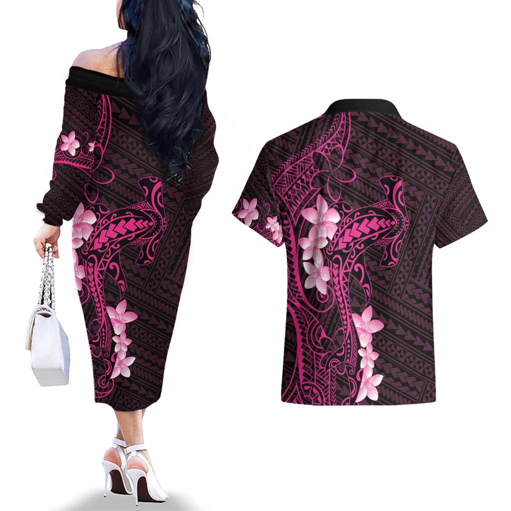 Pink Hawaii Couples Matching Off The Shoulder Long Sleeve Dress and Hawaiian Shirt Hammerhead Shark Tattoo Curve Polynesian LT14 - Polynesian Pride