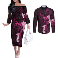 Pink Hawaii Couples Matching Off The Shoulder Long Sleeve Dress and Long Sleeve Button Shirt Hammerhead Shark Tattoo Curve Polynesian LT14 Pink - Polynesian Pride