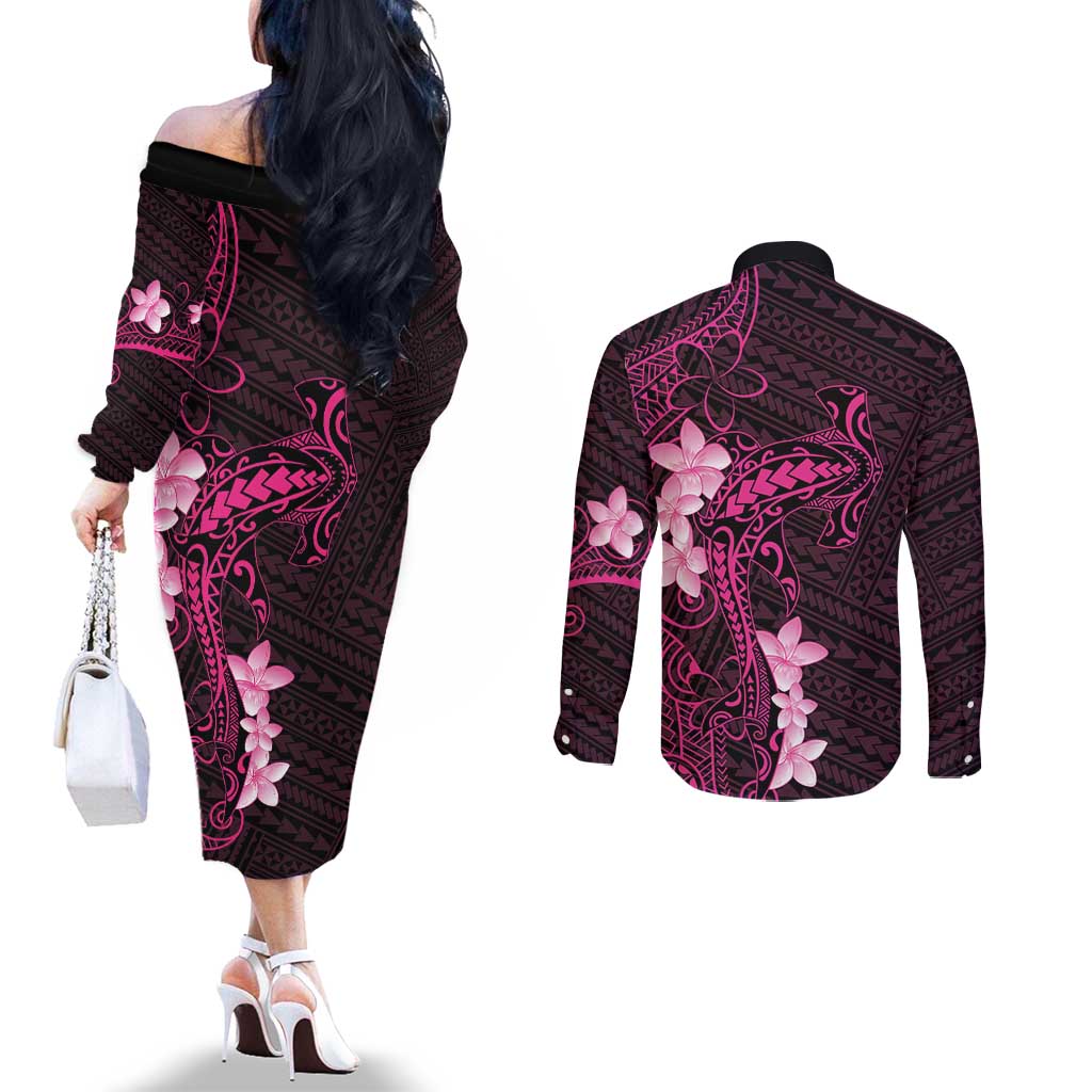 Pink Hawaii Couples Matching Off The Shoulder Long Sleeve Dress and Long Sleeve Button Shirt Hammerhead Shark Tattoo Curve Polynesian LT14 - Polynesian Pride