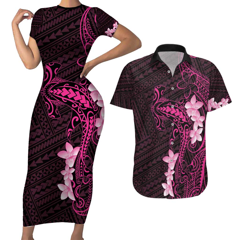 Pink Hawaii Couples Matching Short Sleeve Bodycon Dress and Hawaiian Shirt Hammerhead Shark Tattoo Curve Polynesian LT14 Pink - Polynesian Pride