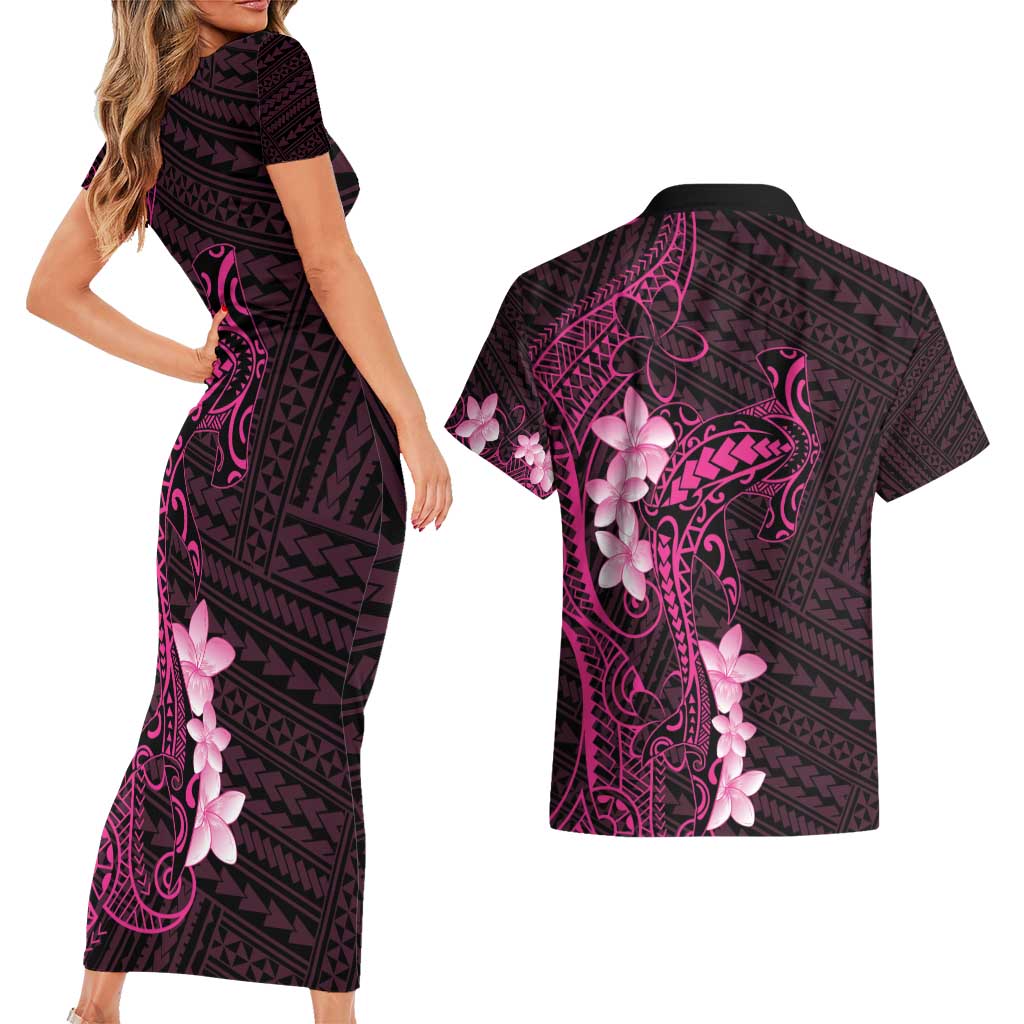 Pink Hawaii Couples Matching Short Sleeve Bodycon Dress and Hawaiian Shirt Hammerhead Shark Tattoo Curve Polynesian LT14 - Polynesian Pride
