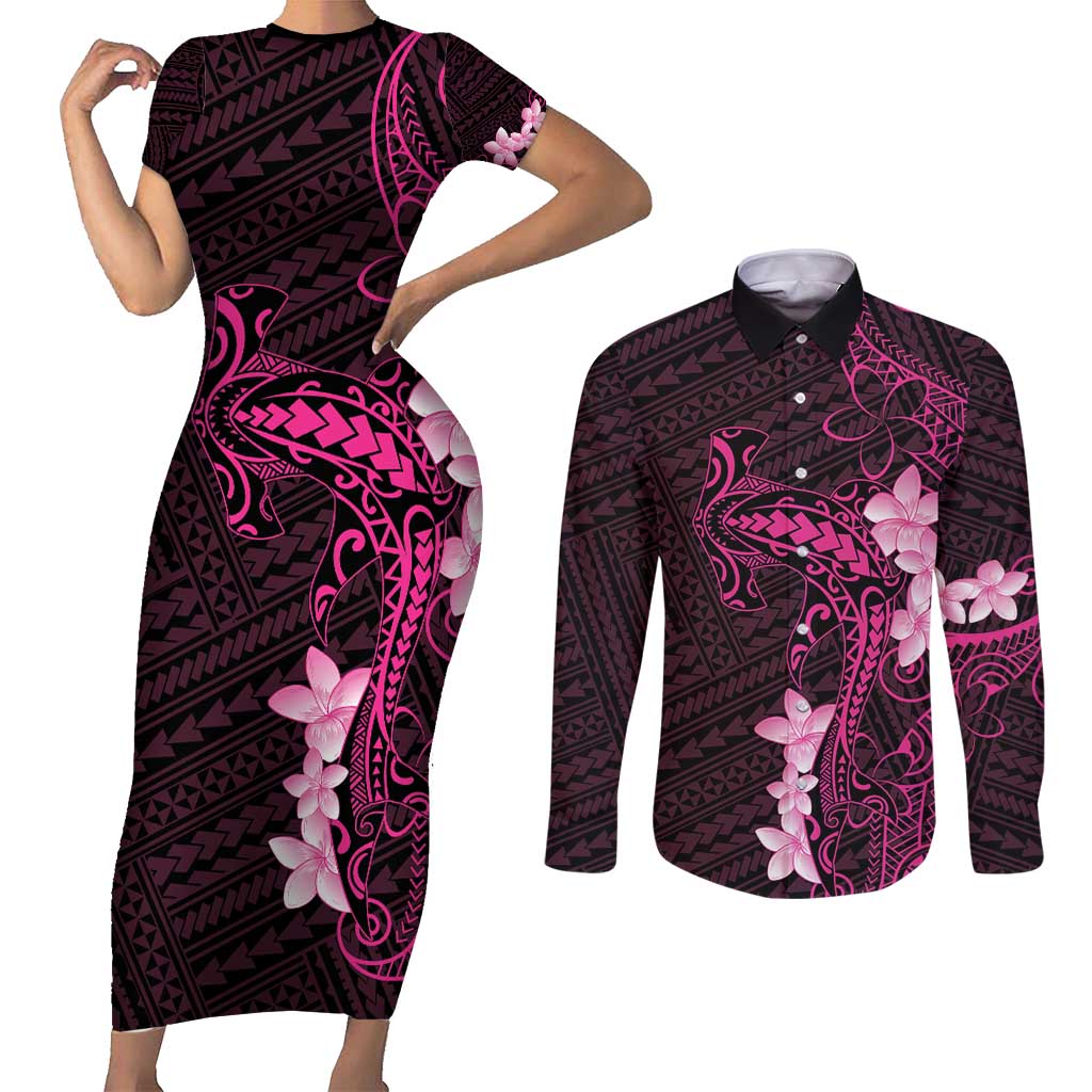 Pink Hawaii Couples Matching Short Sleeve Bodycon Dress and Long Sleeve Button Shirt Hammerhead Shark Tattoo Curve Polynesian LT14 Pink - Polynesian Pride
