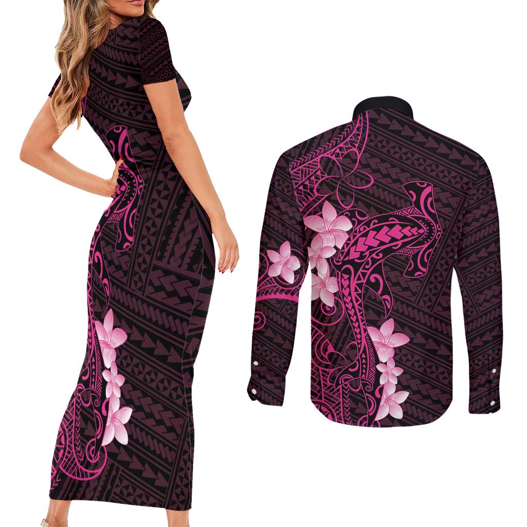 Pink Hawaii Couples Matching Short Sleeve Bodycon Dress and Long Sleeve Button Shirt Hammerhead Shark Tattoo Curve Polynesian LT14 - Polynesian Pride