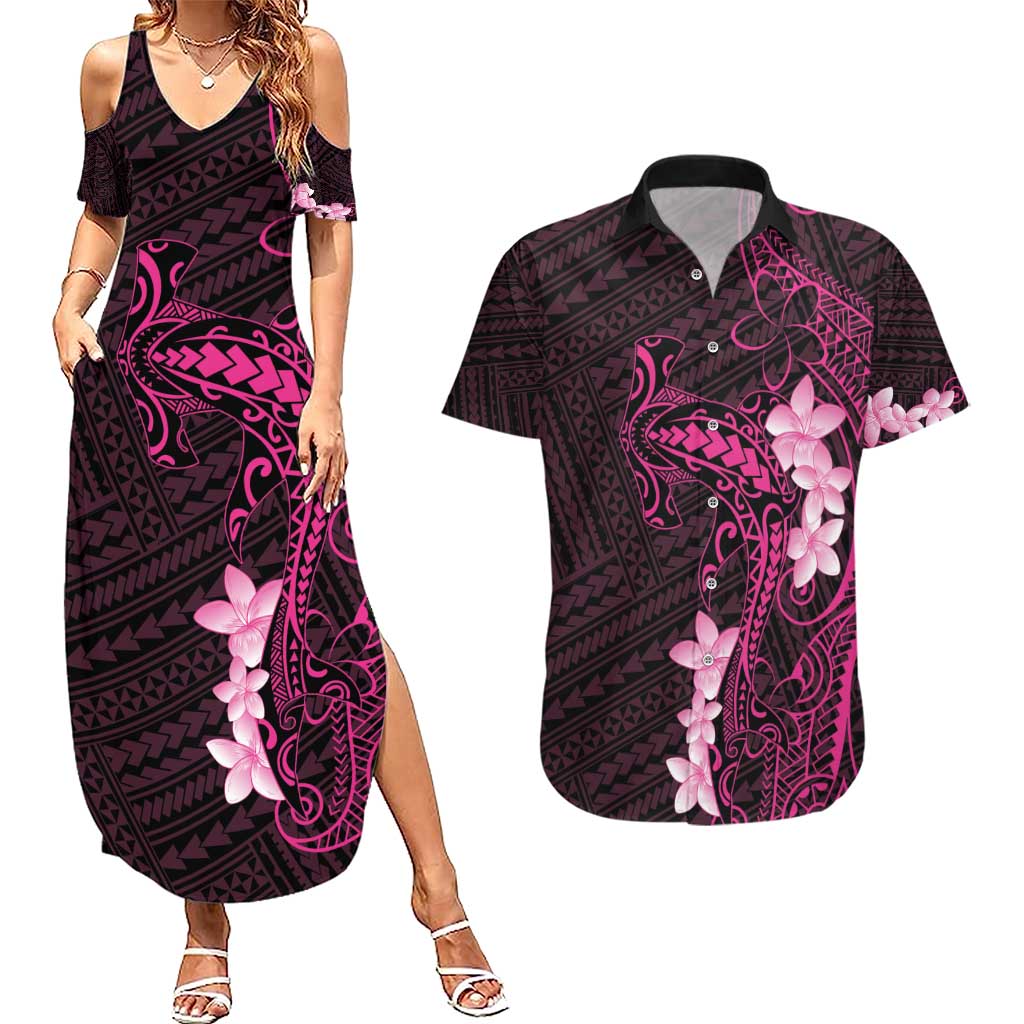 Pink Hawaii Couples Matching Summer Maxi Dress and Hawaiian Shirt Hammerhead Shark Tattoo Curve Polynesian LT14 Pink - Polynesian Pride