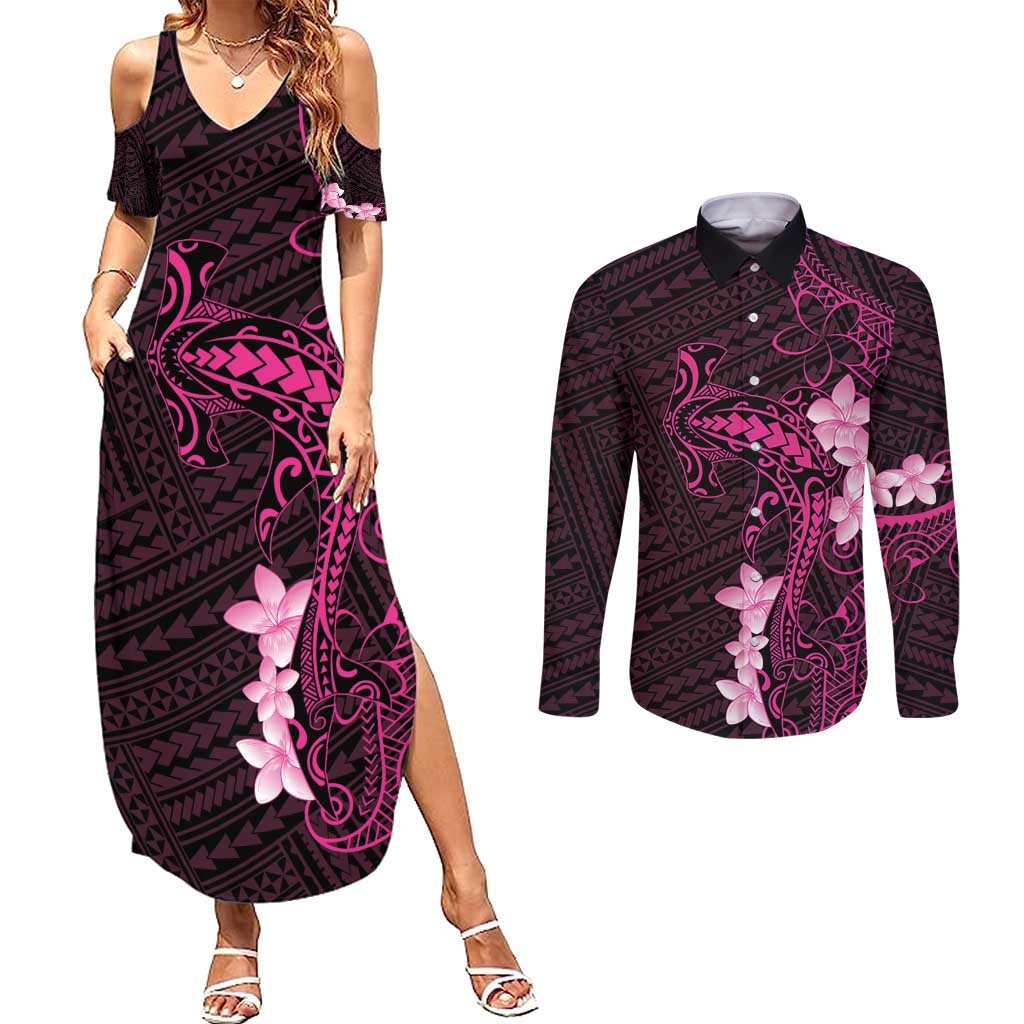 Pink Hawaii Couples Matching Summer Maxi Dress and Long Sleeve Button Shirt Hammerhead Shark Tattoo Curve Polynesian - Polynesian Pride