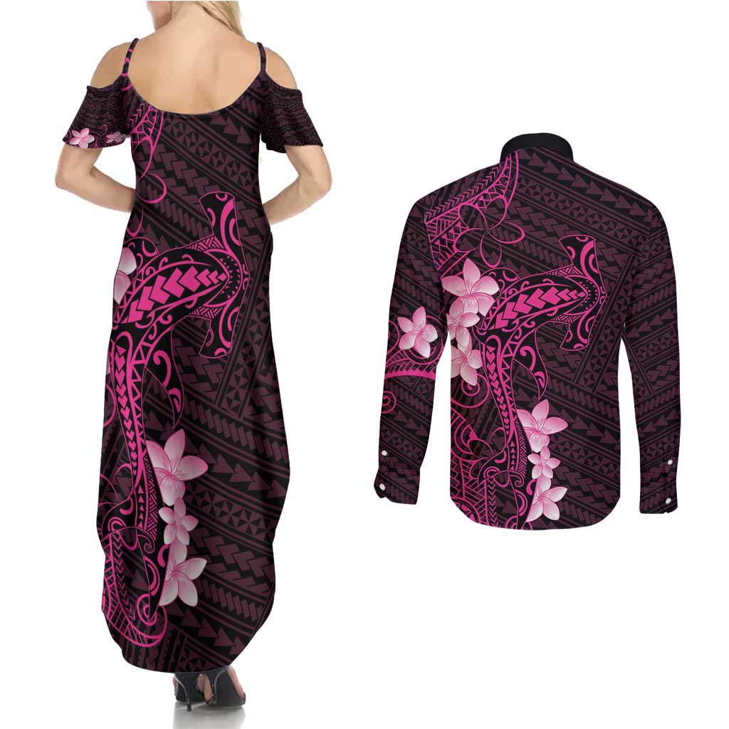 Pink Hawaii Couples Matching Summer Maxi Dress and Long Sleeve Button Shirt Hammerhead Shark Tattoo Curve Polynesian - Polynesian Pride