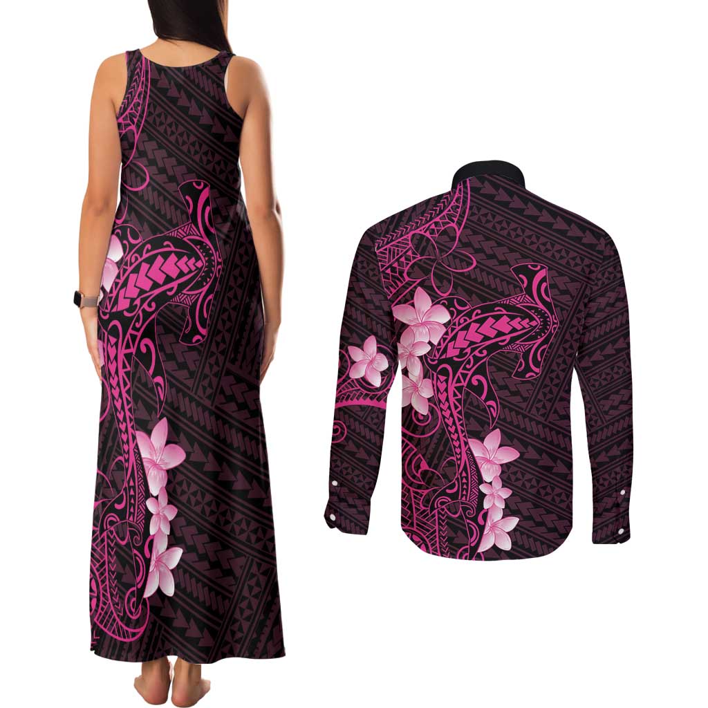 Pink Hawaii Couples Matching Tank Maxi Dress and Long Sleeve Button Shirt Hammerhead Shark Tattoo Curve Polynesian - Polynesian Pride