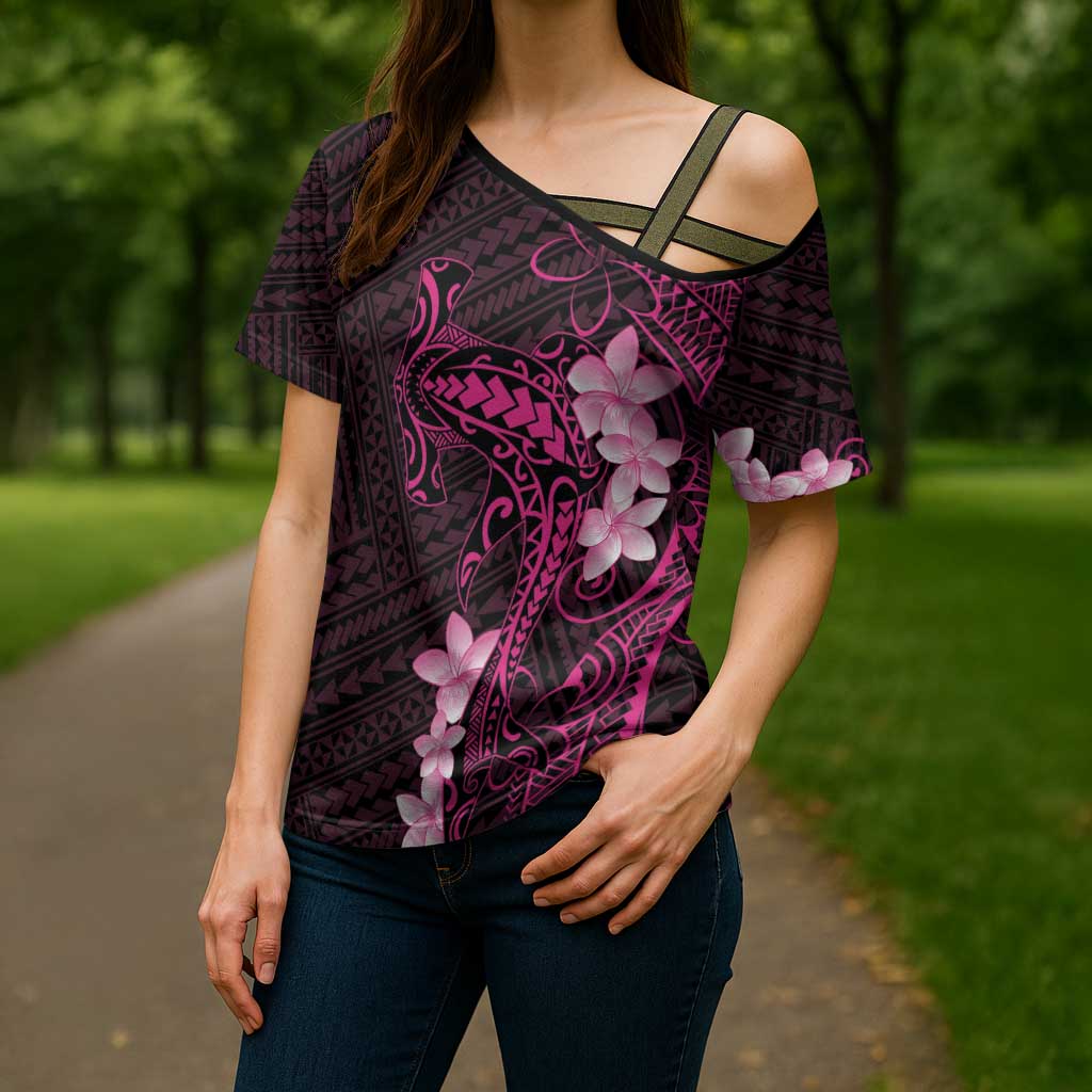 Pink Hawaii Cross Shoulder Shirt Hammerhead Shark Tattoo Curve Polynesian - Polynesian Pride