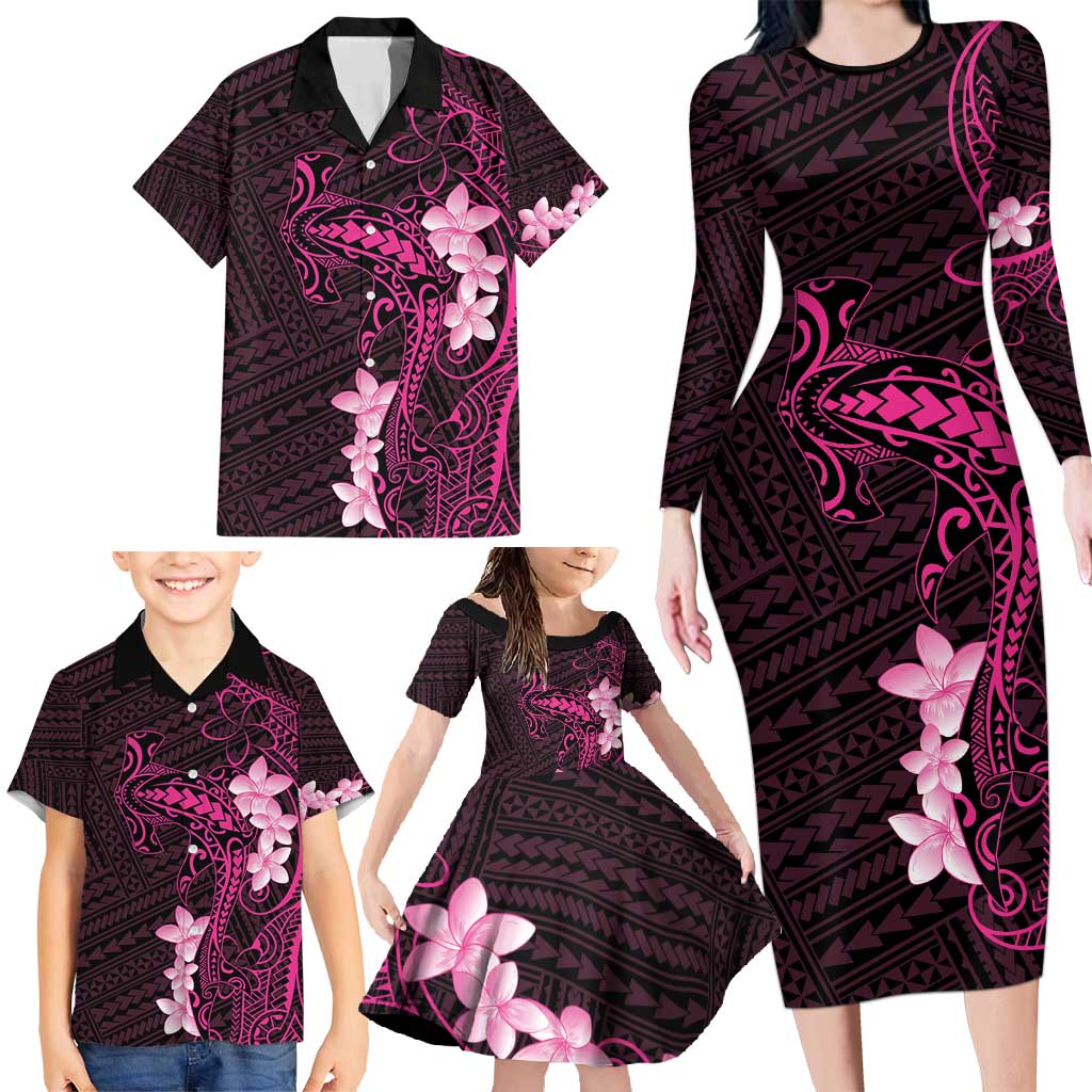 Pink Hawaii Family Matching Long Sleeve Bodycon Dress and Hawaiian Shirt Hammerhead Shark Tattoo Curve Polynesian LT14 - Polynesian Pride