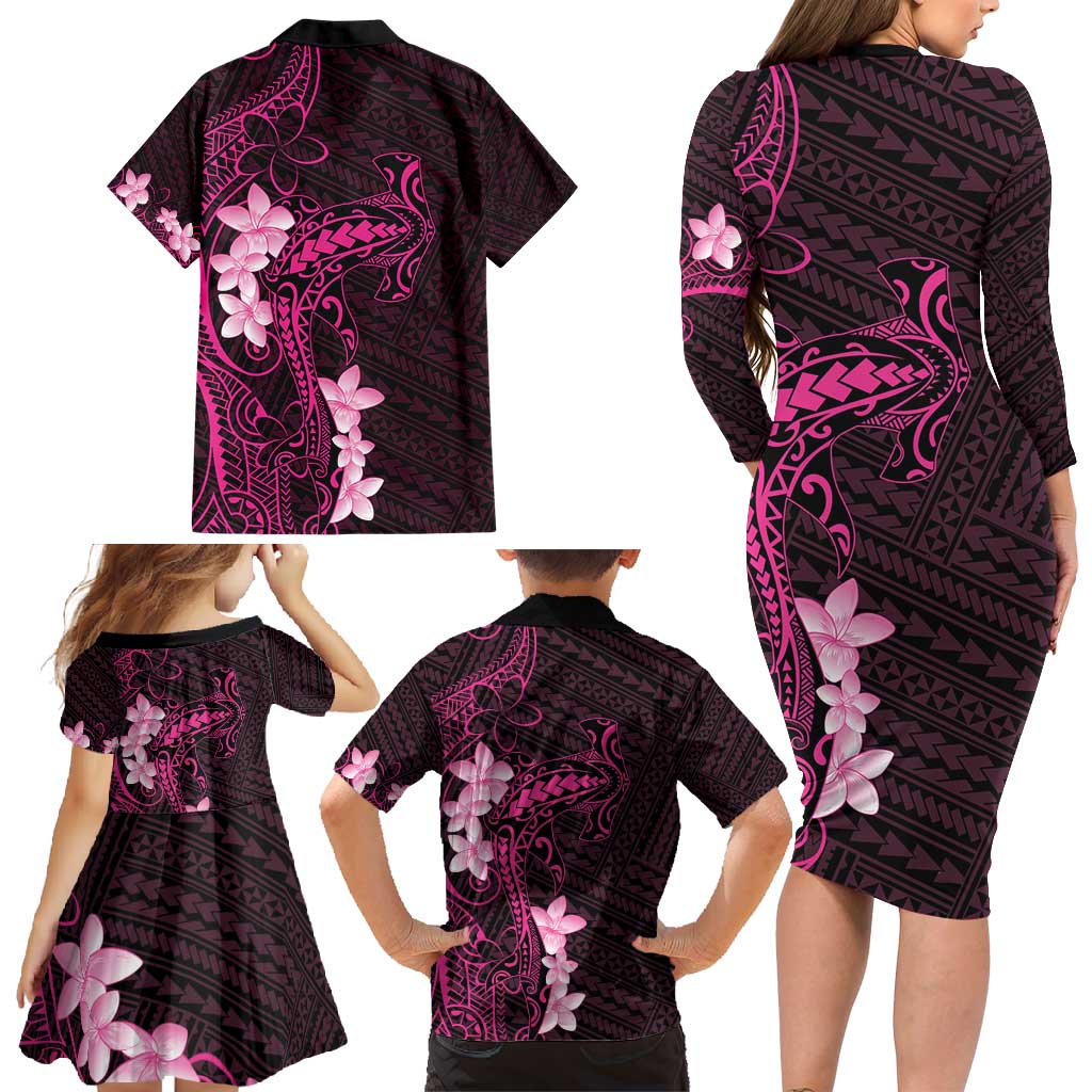 Pink Hawaii Family Matching Long Sleeve Bodycon Dress and Hawaiian Shirt Hammerhead Shark Tattoo Curve Polynesian LT14 - Polynesian Pride