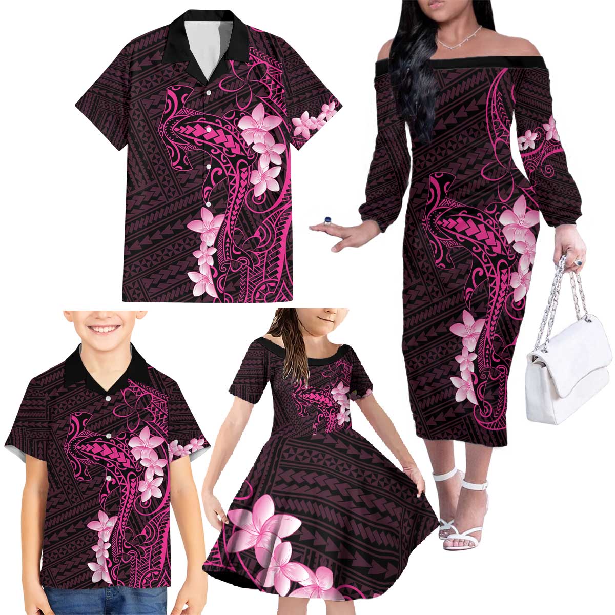 Pink Hawaii Family Matching Off The Shoulder Long Sleeve Dress and Hawaiian Shirt Hammerhead Shark Tattoo Curve Polynesian LT14 - Polynesian Pride