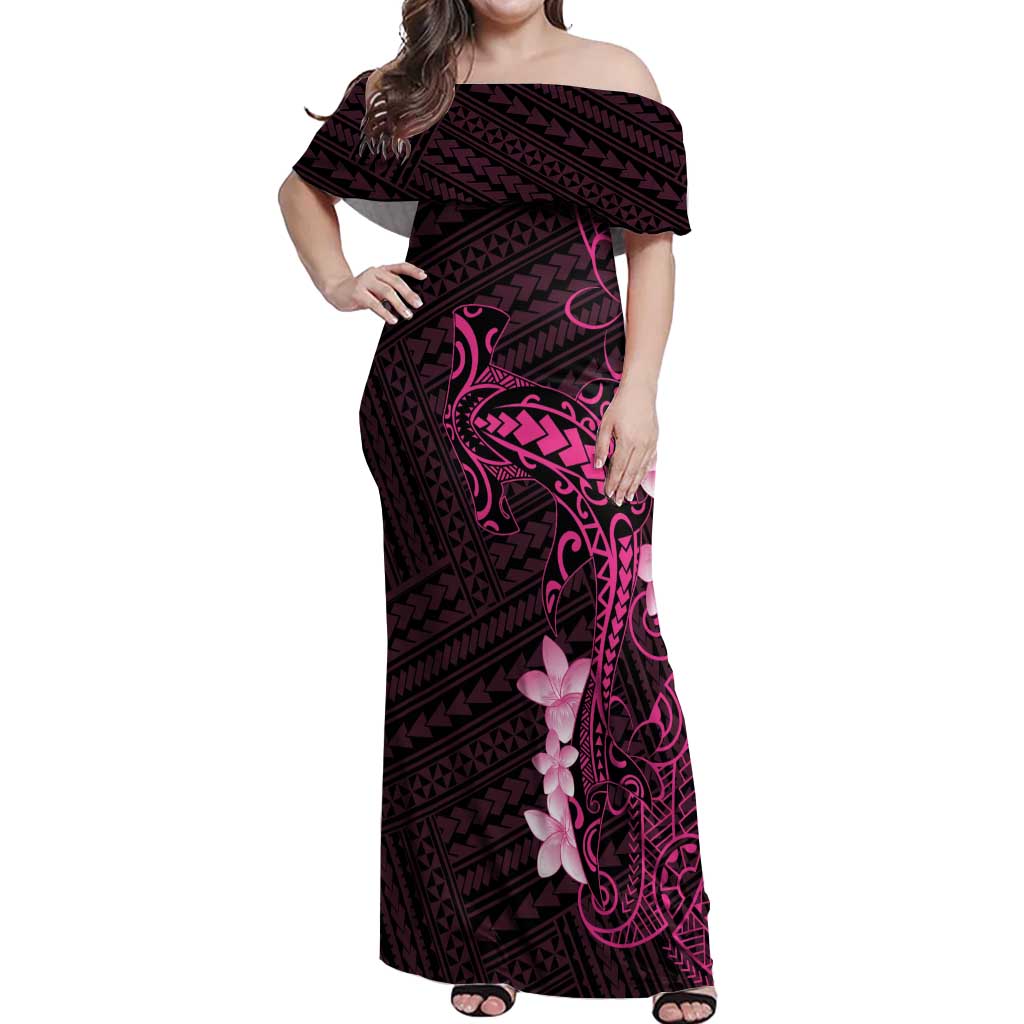 Pink Hawaii Off Shoulder Maxi Dress Hammerhead Shark Tattoo Curve Polynesian LT14 Women Pink - Polynesian Pride